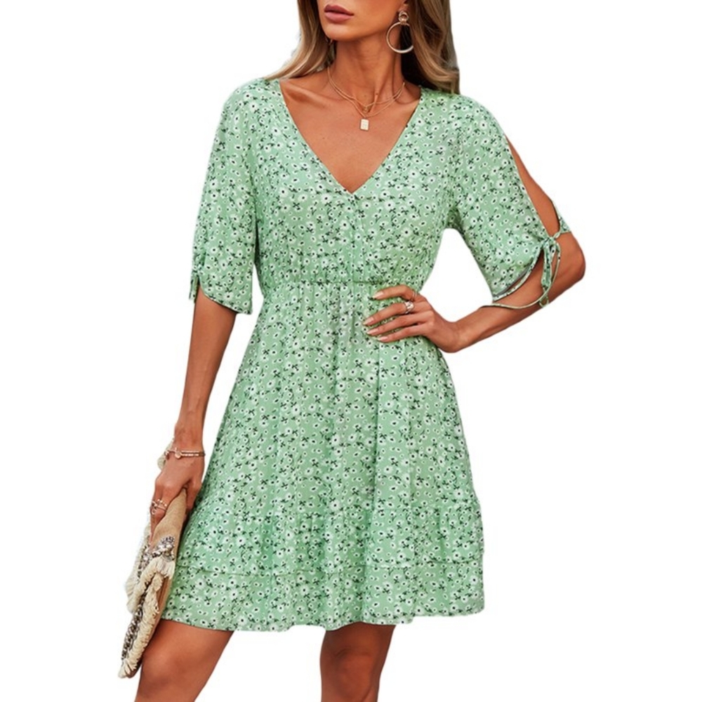Green Floral Daisy 3/4 Sleeve Abovr Knee Dress